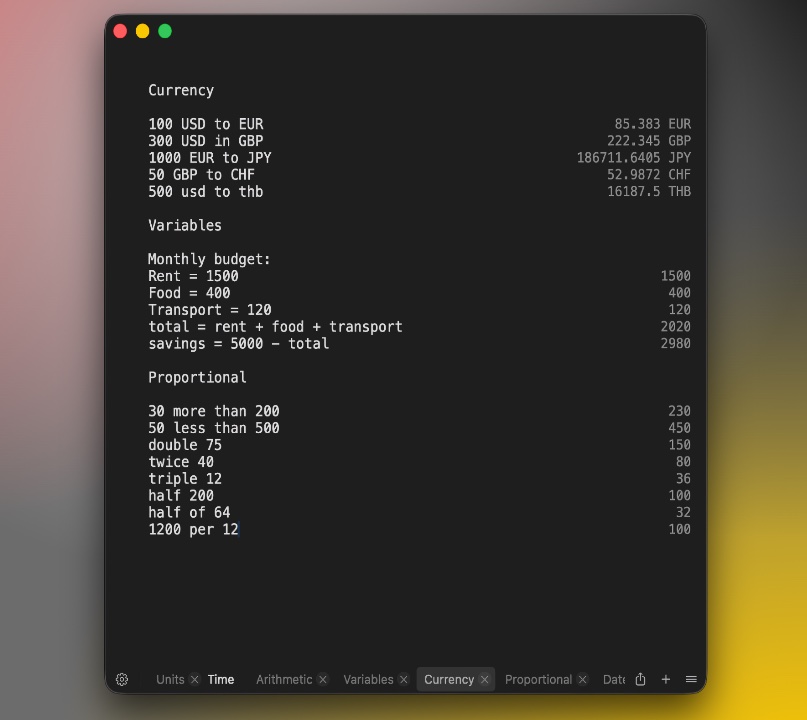 Zahl on macOS — a sheet showing currency conversions like 100 USD to EUR, named variables for a monthly budget, and proportional expressions such as 'double 75' and 'half of 64' — each line with its result on the right.